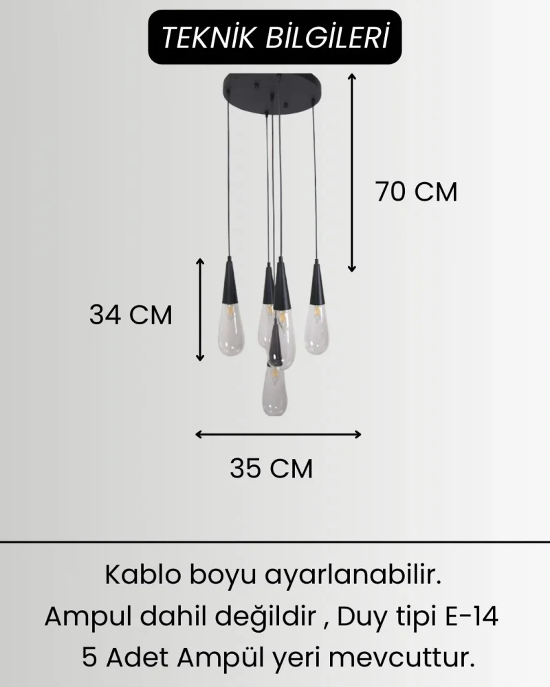 Damla Şeffaf Cam 5li Siyah Yuvarlak Modern Sarkıt Avize