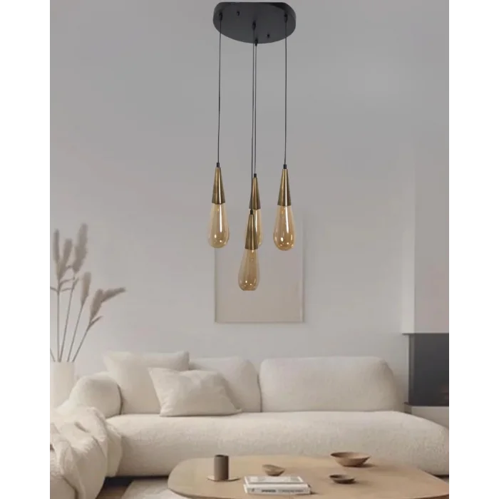 Damla Bal Cam 4Lü Eskitme Yuvarlak Modern Sarkıt Avize