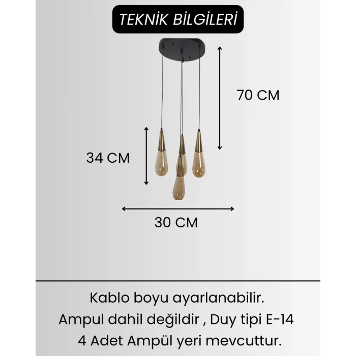 Damla Bal Cam 4Lü Eskitme Yuvarlak Modern Sarkıt Avize