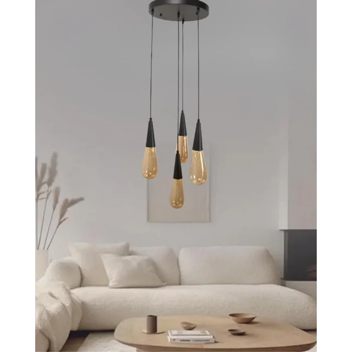 Damla Bal Cam 4Lü Siyah Yuvarlak Modern Sarkıt Avize