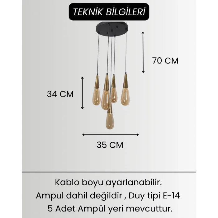 Damla Bal Cam 5li Eskitme Yuvarlak Modern Sarkıt Avize