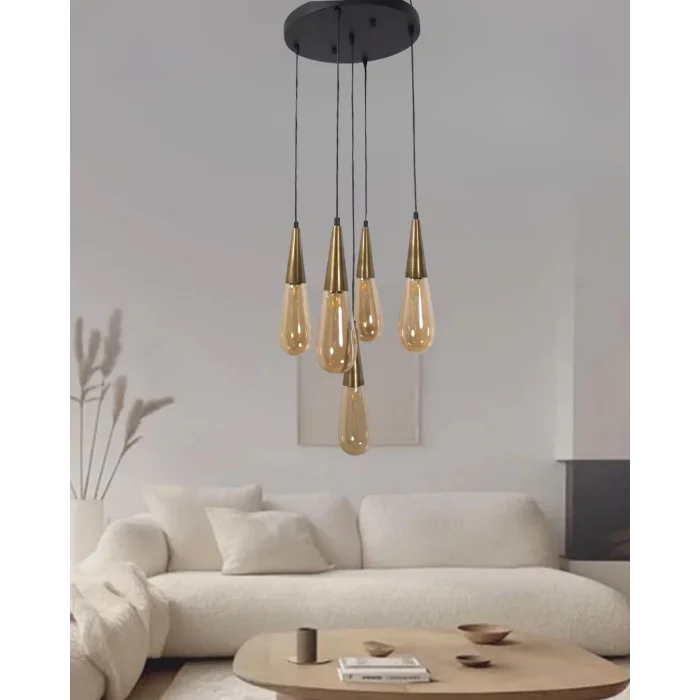 Damla Bal Cam 5li Eskitme Yuvarlak Modern Sarkıt Avize