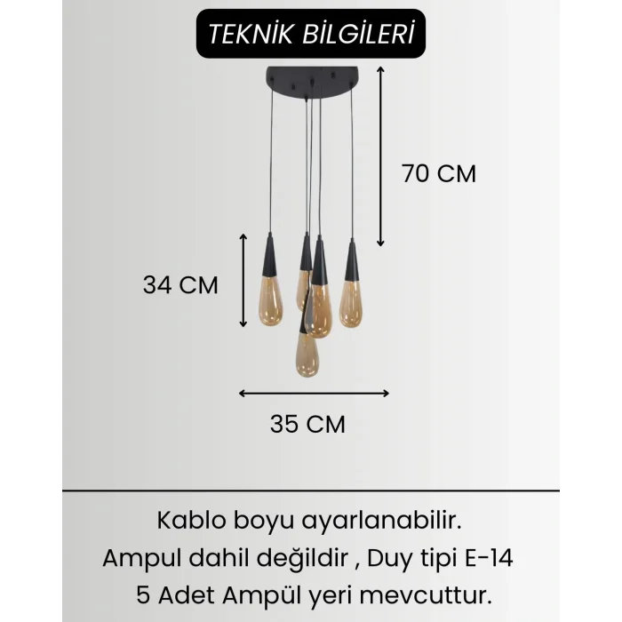 Damla Bal Cam 5li Siyah Yuvarlak Modern Sarkıt Avize