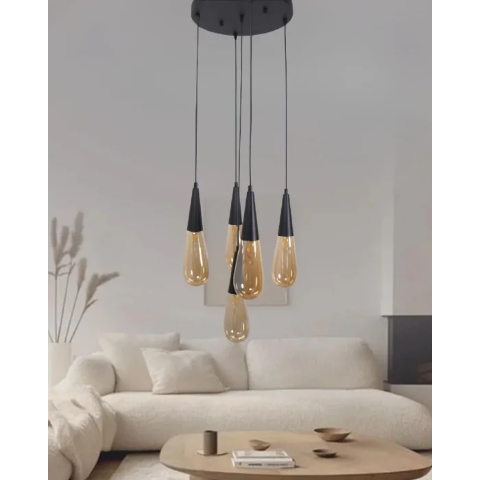Damla Bal Cam 5li Siyah Yuvarlak Modern Sarkıt Avize