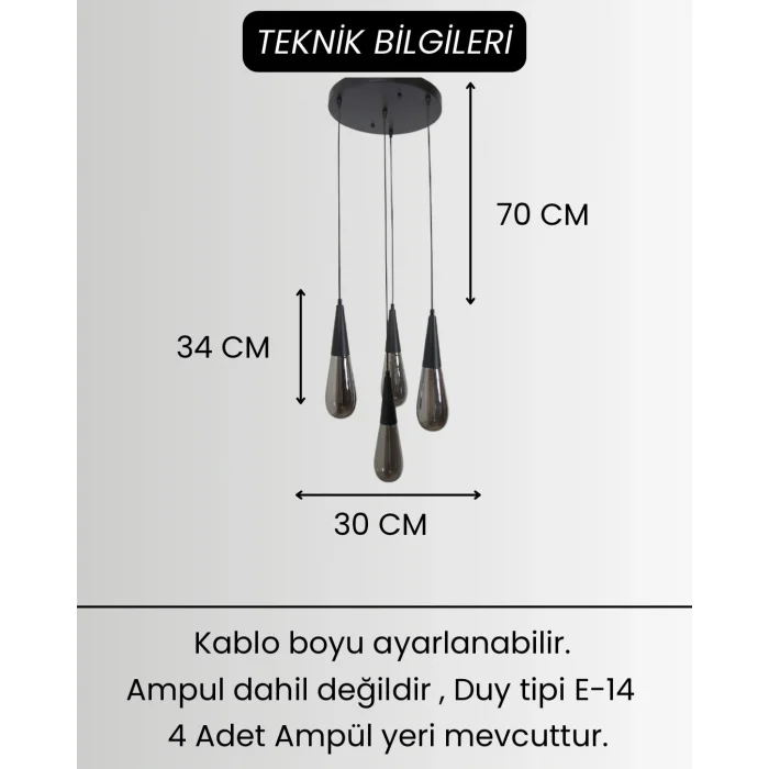 Damla Füme Cam 4Lü Siyah Yuvarlak Modern Sarkıt Avize