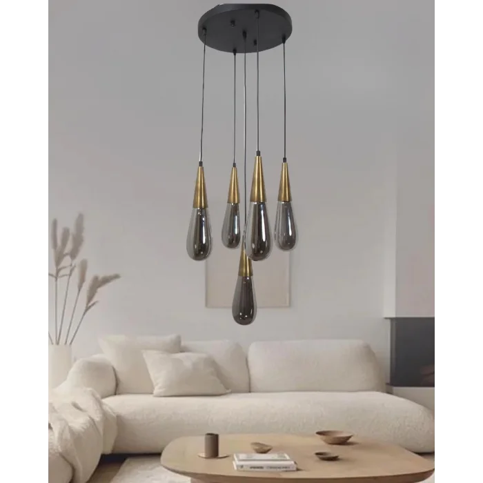 Damla Füme Cam 5li Eskitme Yuvarlak Modern Sarkıt Avize