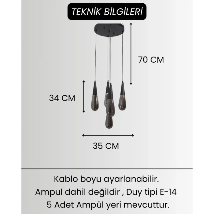 Damla Füme Cam 5li Siyah Yuvarlak Modern Sarkıt Avize