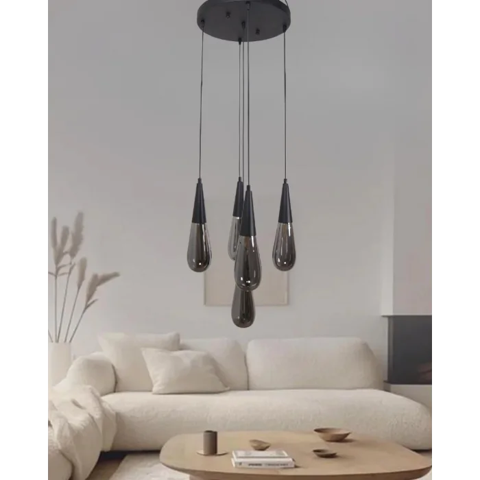Damla Füme Cam 5li Siyah Yuvarlak Modern Sarkıt Avize