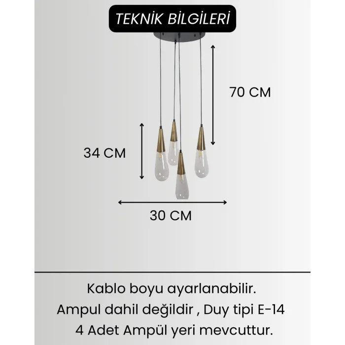 Damla Şeffaf Cam 4Lü Eskitme Yuvarlak Modern Sarkıt Avize