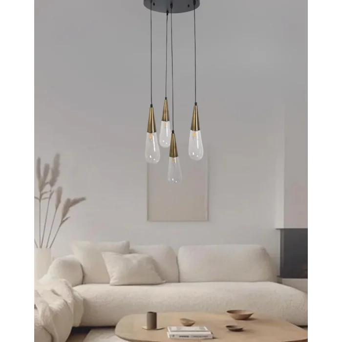 Damla Şeffaf Cam 4Lü Eskitme Yuvarlak Modern Sarkıt Avize