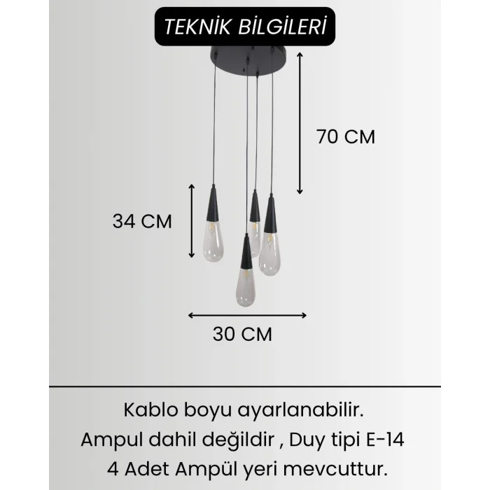 Damla Şeffaf Cam 4Lü Siyah Yuvarlak Modern Sarkıt Avize