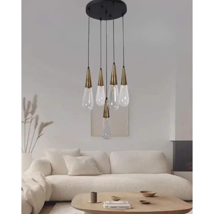 Damla Şeffaf Cam 5li Eskitme Yuvarlak Modern Sarkıt Avize