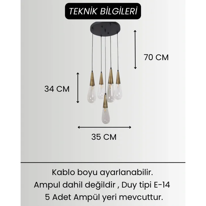 Damla Şeffaf Cam 5li Eskitme Yuvarlak Modern Sarkıt Avize