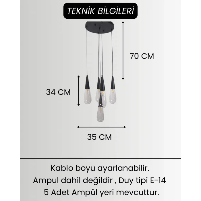 Damla Şeffaf Cam 5li Siyah Yuvarlak Modern Sarkıt Avize