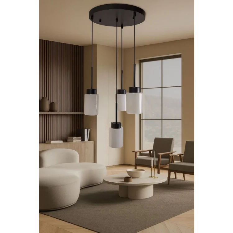 Aristo 4Lü Beyaz Cam Siyah Metal Gövde Modern, Lüks Dekoratif Sarkıt Avize