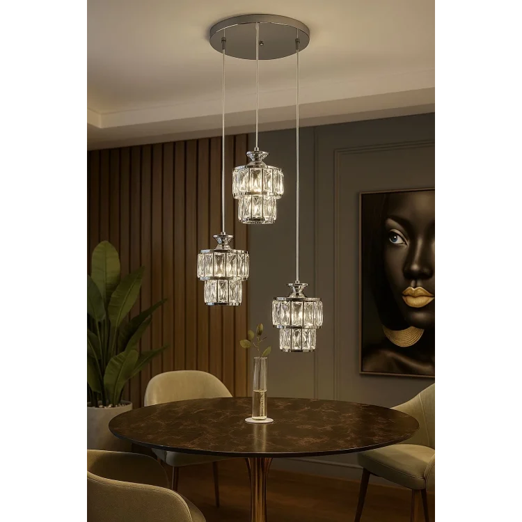 Astra 3lü Krom Kaplama Kristal Taşlı Lüks Avize