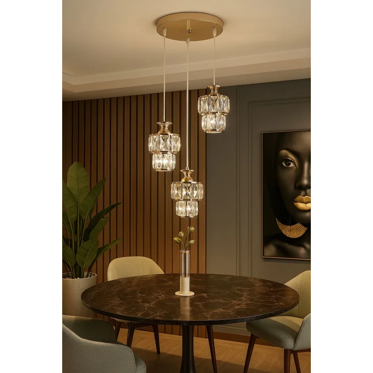 Astra 3lü Gold Kaplama Kristal Taşlı Lüks Avize