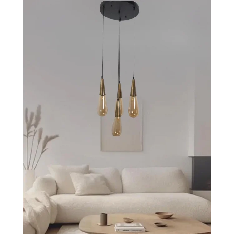 Damla Bal Cam 4Lü Eskitme Yuvarlak Modern Sarkıt Avize