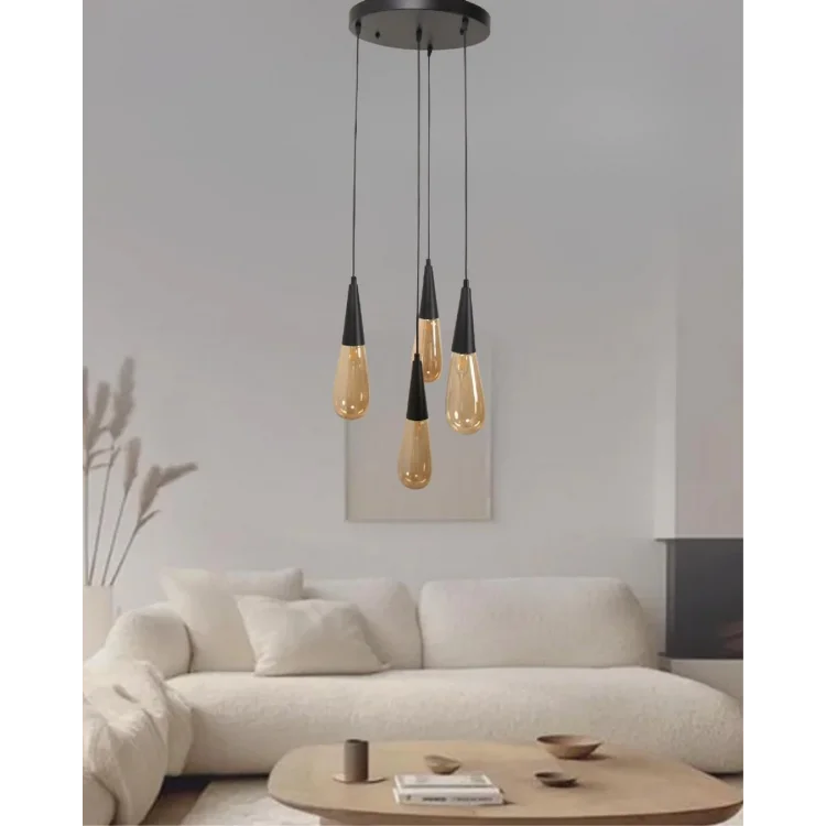 Damla Bal Cam 4Lü Siyah Yuvarlak Modern Sarkıt Avize