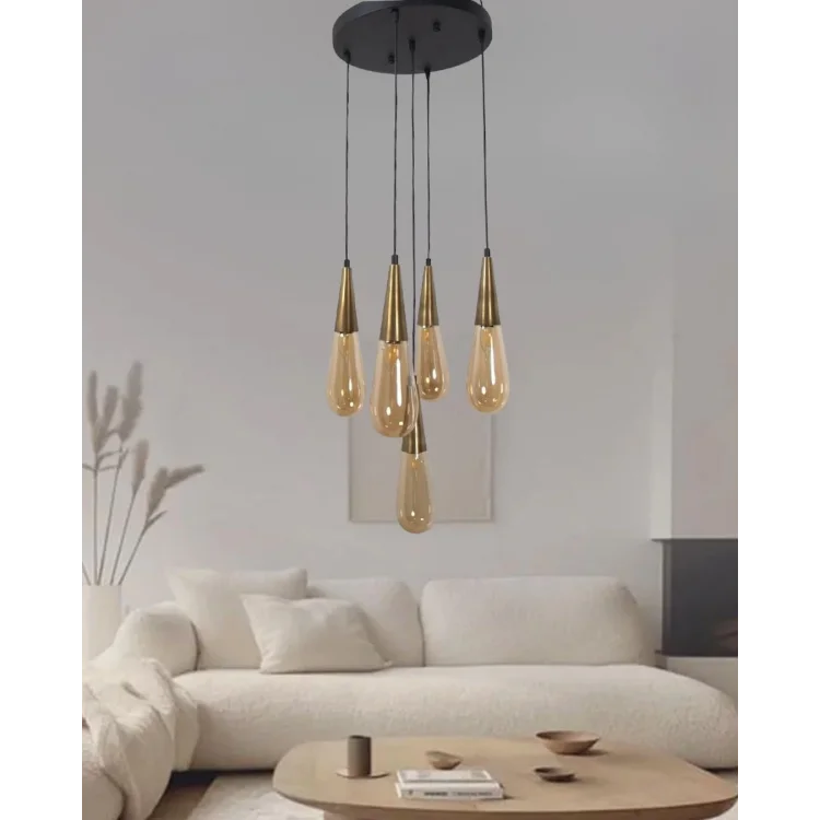 Damla Bal Cam 5li Eskitme Yuvarlak Modern Sarkıt Avize