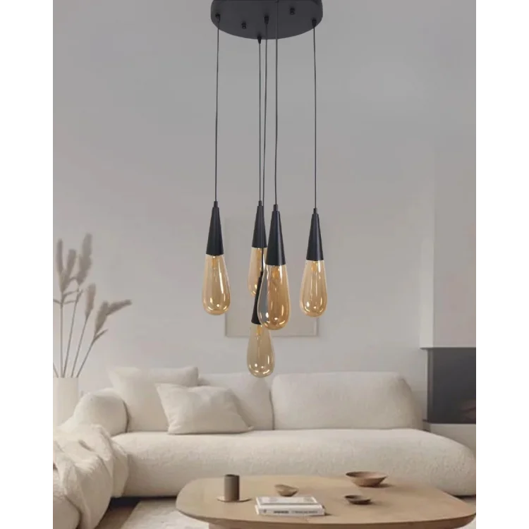 Damla Bal Cam 5li Siyah Yuvarlak Modern Sarkıt Avize