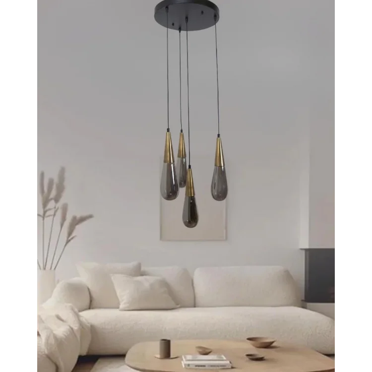 Damla Füme Cam 4Lü Eskitme Yuvarlak Modern Sarkıt Avize