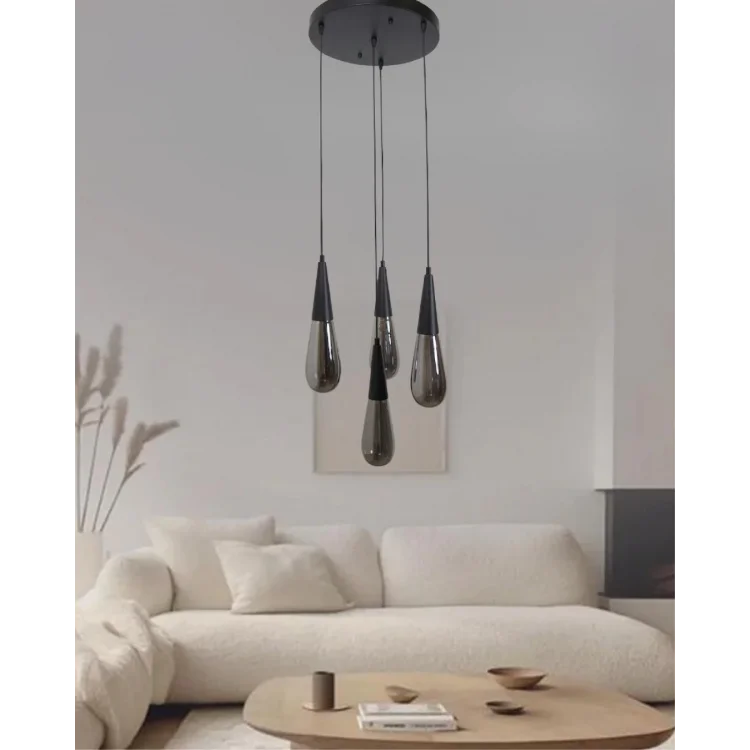 Damla Füme Cam 4Lü Siyah Yuvarlak Modern Sarkıt Avize