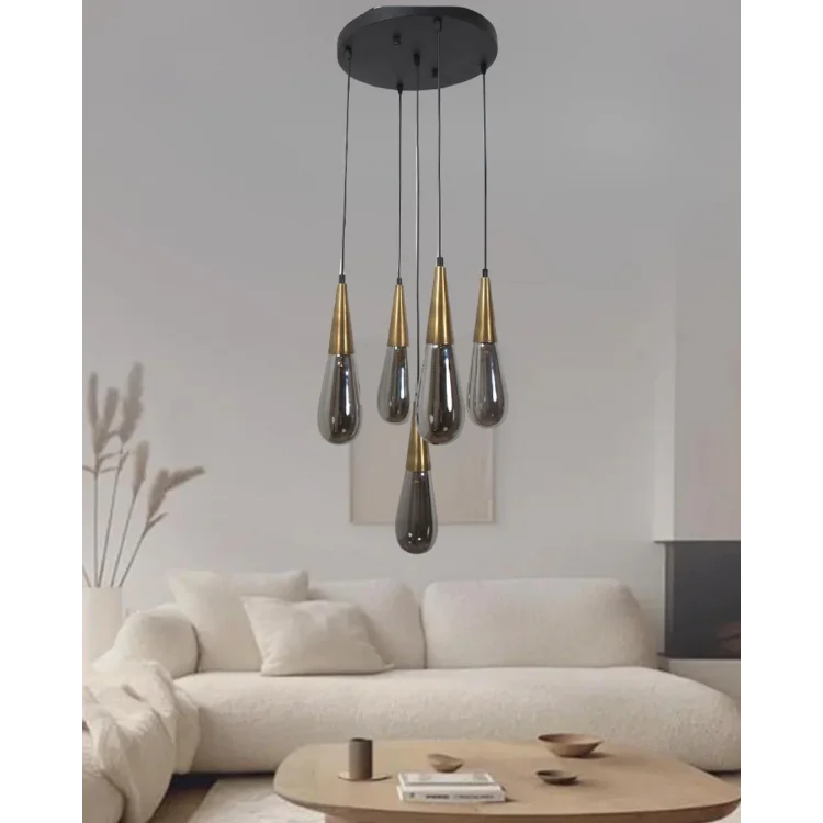 Damla Füme Cam 5li Eskitme Yuvarlak Modern Sarkıt Avize