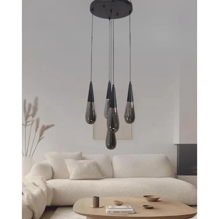 Damla Füme Cam 5li Siyah Yuvarlak Modern Sarkıt Avize