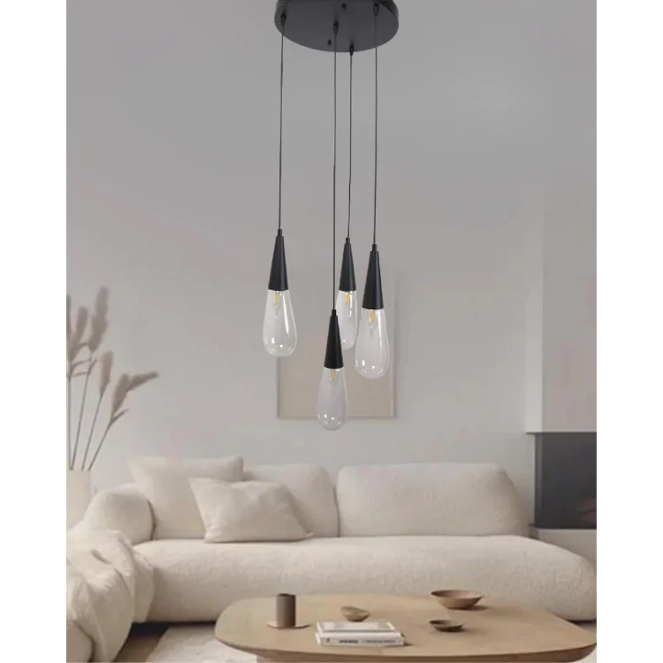 Damla Şeffaf Cam 4Lü Siyah Yuvarlak Modern Sarkıt Avize