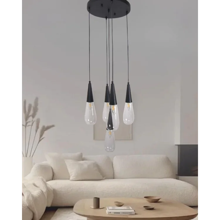 Damla Şeffaf Cam 5li Siyah Yuvarlak Modern Sarkıt Avize