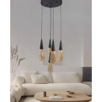 Damla Bal Cam 5li Siyah Yuvarlak Modern Sarkıt Avize