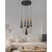 Damla Füme Cam 5li Eskitme Yuvarlak Modern Sarkıt Avize