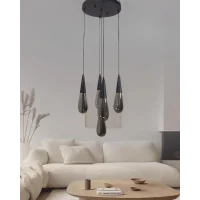 Damla Füme Cam 5li Siyah Yuvarlak Modern Sarkıt Avize