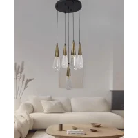 Damla Şeffaf Cam 5li Eskitme Yuvarlak Modern Sarkıt Avize