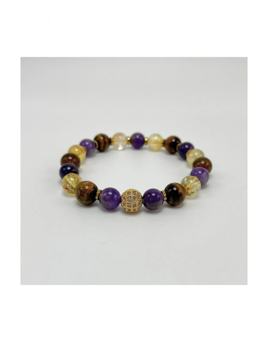 SERTİFIKALI Ametist Kaplan Gözü Sitrin Zirkon Aparatlı 8MM DOĞAL TAŞ BİLEKLİK