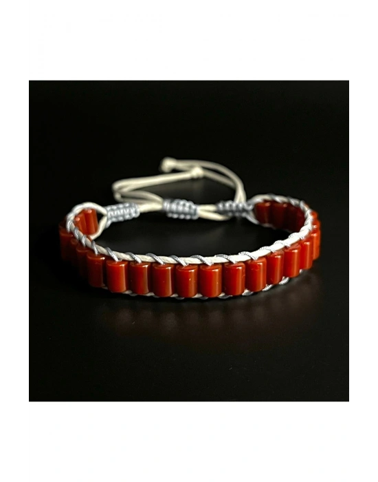 Akik Taşı Silindir Kesim Makrome Doğal Taş Deri Bileklik Unisex