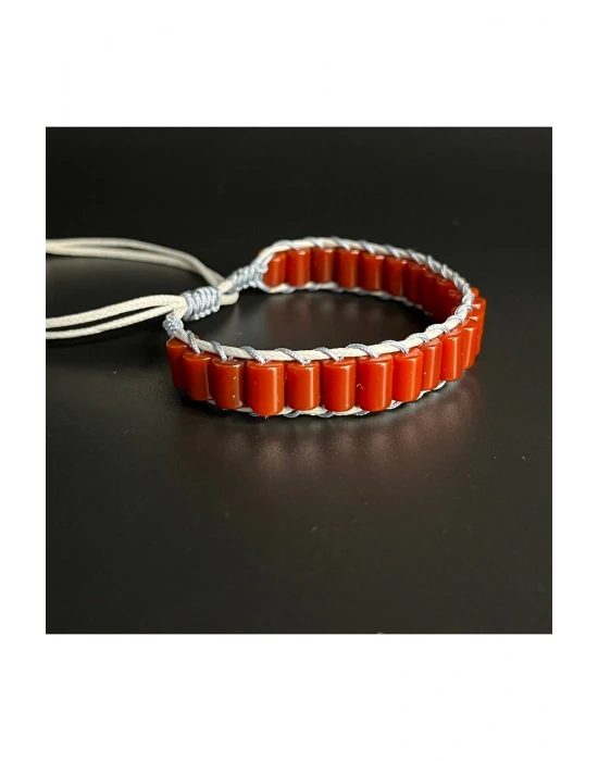 Akik Taşı Silindir Kesim Makrome Doğal Taş Deri Bileklik Unisex