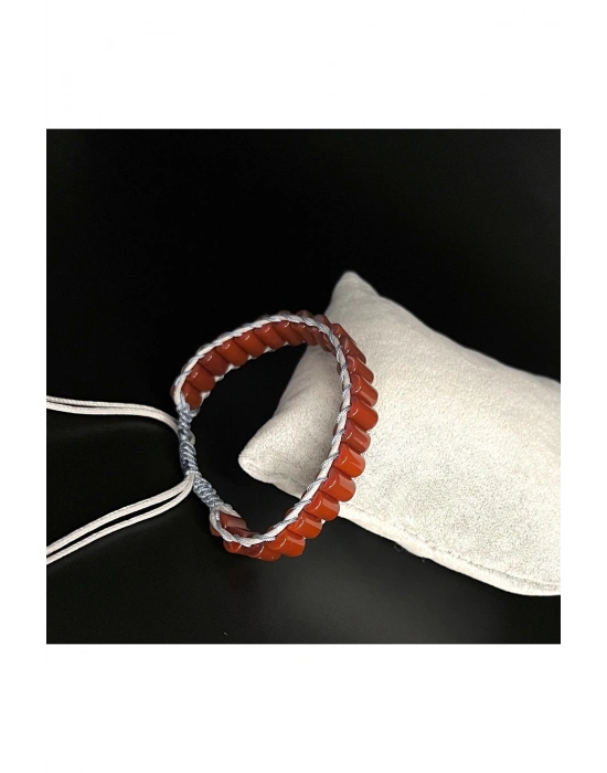 Akik Taşı Silindir Kesim Makrome Doğal Taş Deri Bileklik Unisex