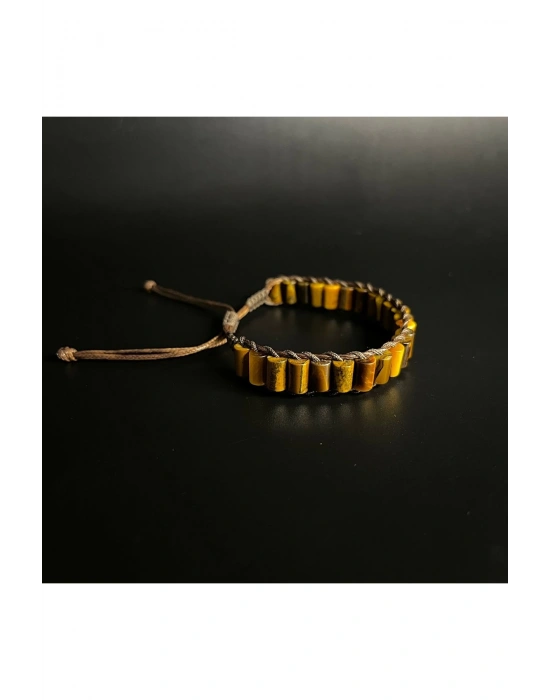 Kaplan Gözü Silindir Kesim Makrome Doğal Taş Deri Bileklik Unisex