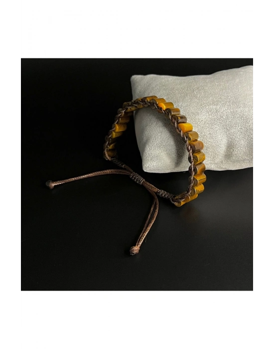 Kaplan Gözü Silindir Kesim Makrome Doğal Taş Deri Bileklik Unisex