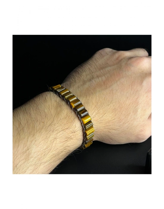 Kaplan Gözü Silindir Kesim Makrome Doğal Taş Deri Bileklik Unisex