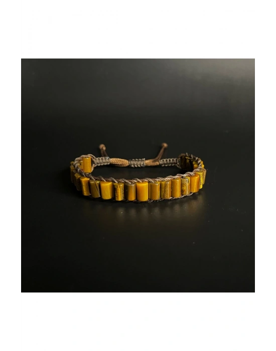 Kaplan Gözü Silindir Kesim Makrome Doğal Taş Deri Bileklik Unisex