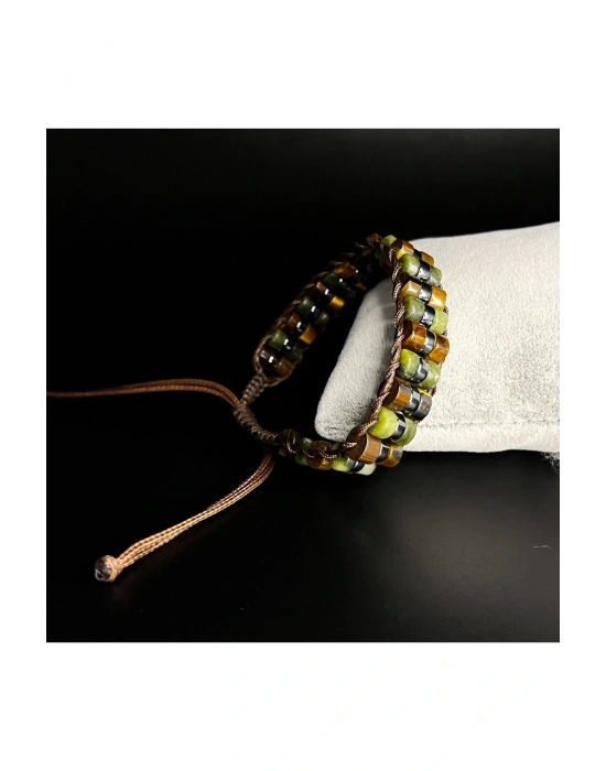 Kaplan Gözü ve Yeşim  Makrome Doğal Taş Deri Bileklik Unisex