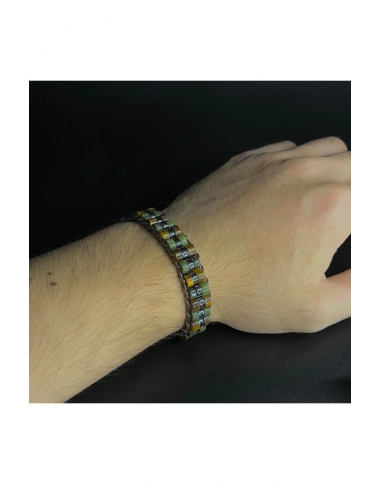 Kaplan Gözü ve Yeşim  Makrome Doğal Taş Deri Bileklik Unisex