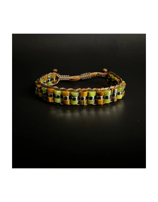 Kaplan Gözü ve Yeşim  Makrome Doğal Taş Deri Bileklik Unisex