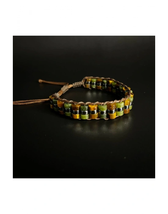 Kaplan Gözü ve Yeşim  Makrome Doğal Taş Deri Bileklik Unisex