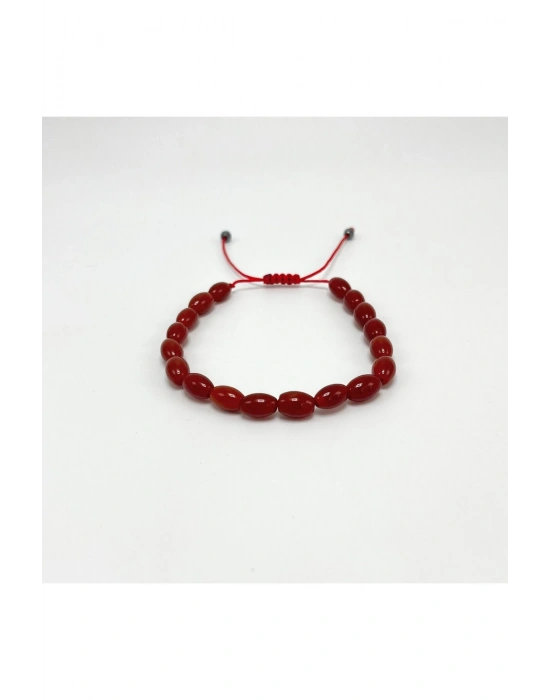 Kırmızı Akik Arpa Kesim Makrome Doğal Taş Bileklik