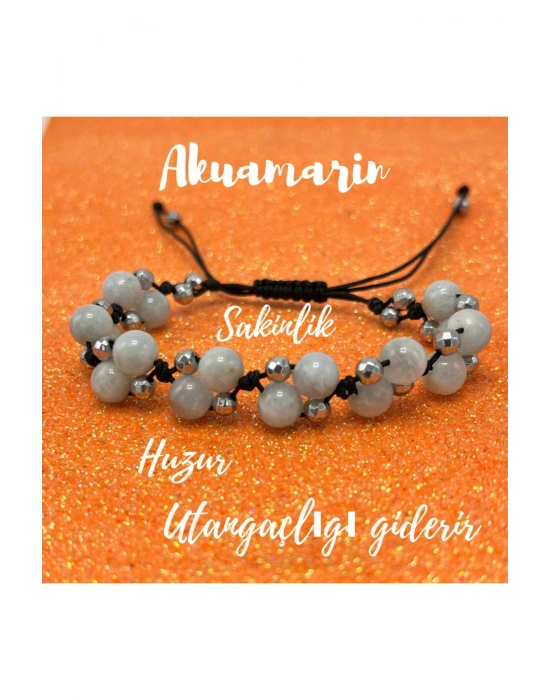 Sertifikalı 6mm Ipli Akuamarin Ayarlanabilir Ölçü Doğal Taş Bileklik