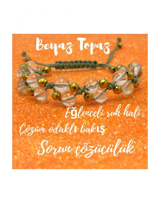 Sertifikalı 6mm Ipli Beyaz Topaz Ayarlanabilir Ölçü Doğal Taş Bileklik